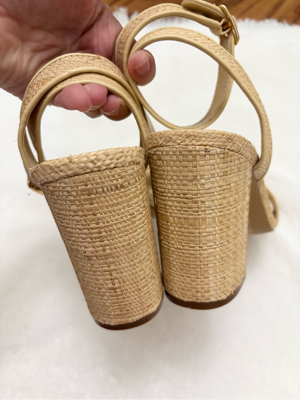 NWOT J Crew Factory Woven Block Heel Neutral Beige Raffia Ankle Strap Sandals - Picture 4 of 9